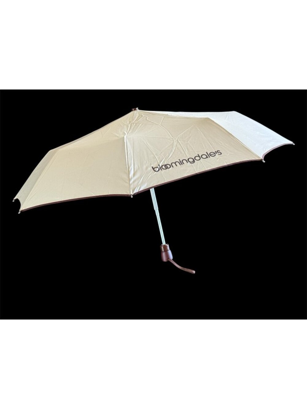 Bloomingdales Little Brown Umbrella Tan Beige Automatic Button Compact GUC Rare